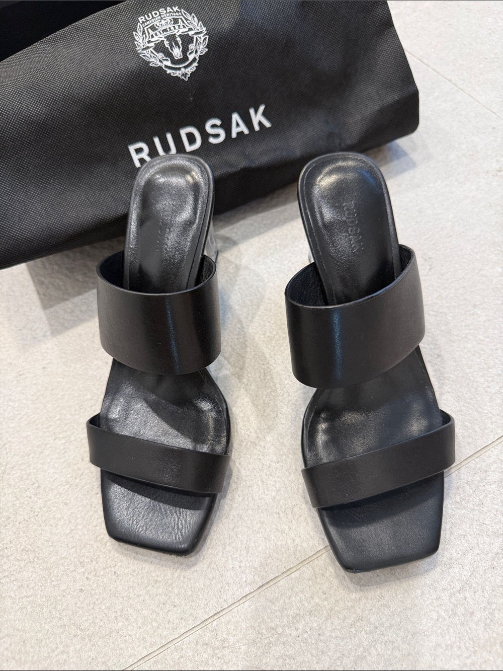 RUDSAK Black Leather Double-Strap Square-Toe Mules